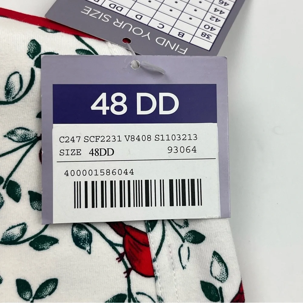 Catherines Intimates No Wire Cotton Comfort White Red Cardinal Bra Size 48DD NEW